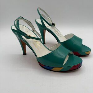 Vintage Garolini Italy Teal Leather Ankle Strap Patchwork Platform Heel Size 5.5